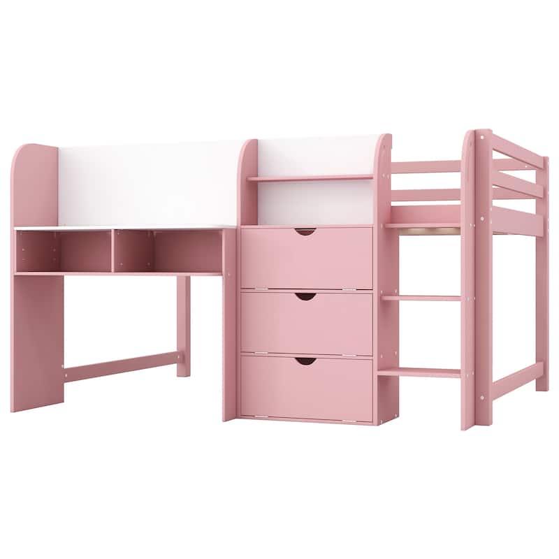 Roomfitters Full Size Low Loft Bed with Desk, Storage Cabinets, Open Bookcase and Whiteboard, Multifunctional Wooden Frame, Pink