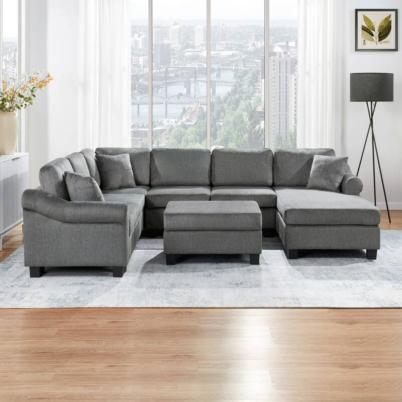 111.8" U-Shaped Chenille Upholstered Sectional Sofa with Movable Storage Ottoman