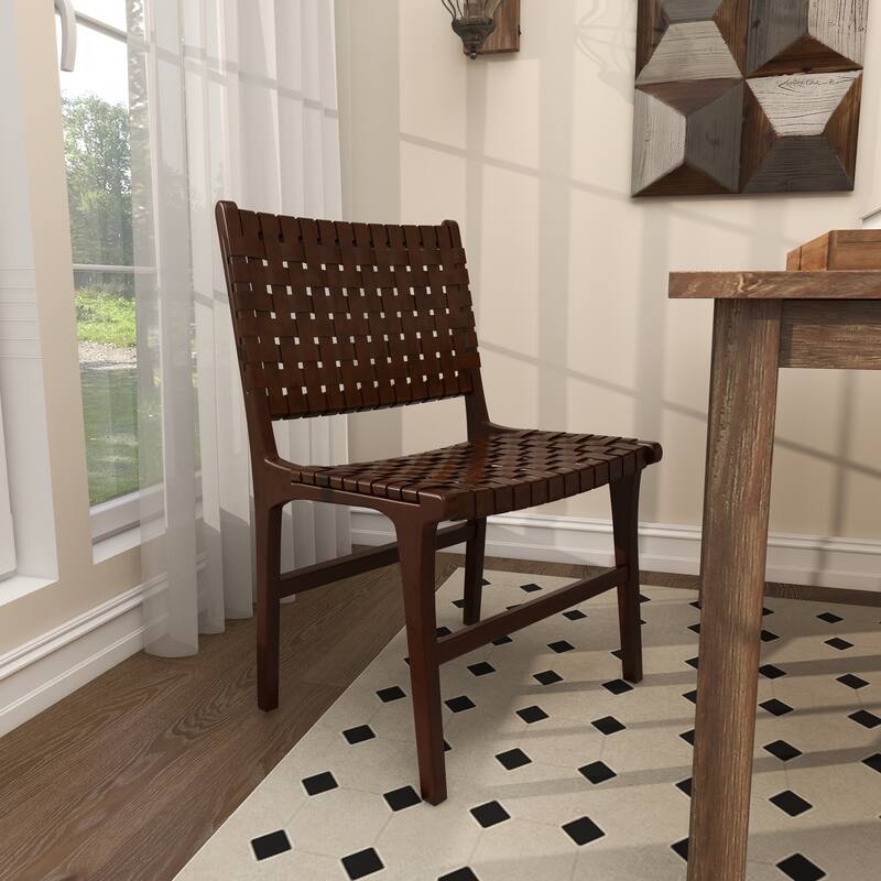 Brown, Black, White Leather Handmade Woven Kitchen Dining Chair with Teak Wood Frame