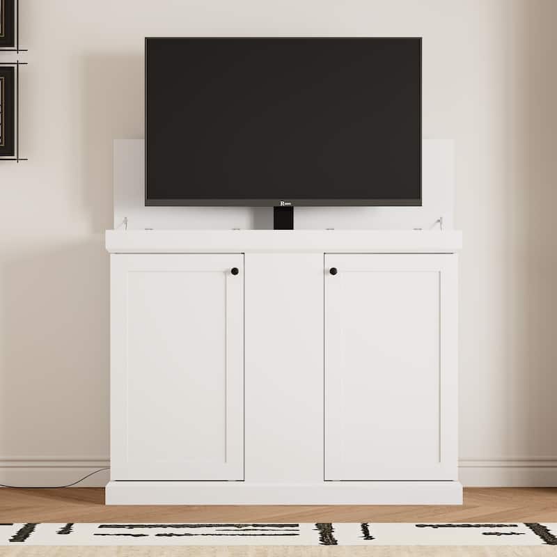 Electric Lift TV Cabinet with Remote Control Fits 50 Inch TVs Modern Media Console - White