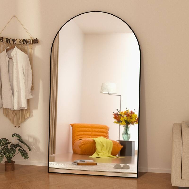 Arched Floor Mirror With Stand,Wood Frame Full Length Mirror,Wall-Mounted Mirror