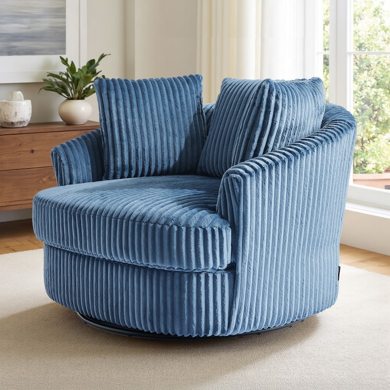 Recessed Arm Slipcovered Swivel Barrel Chair with Pillows