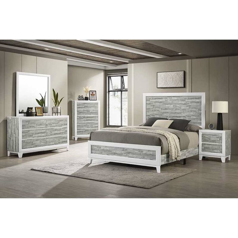 Modern Queen Panel Bed in Gray & White Finish with Tall Headboard