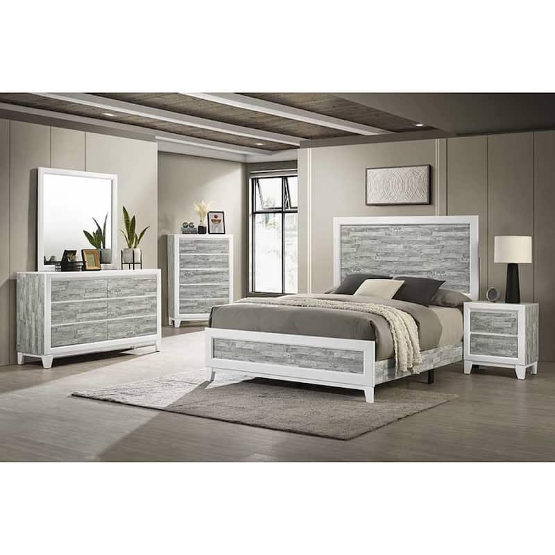 Queen Size Wooden Panel Bed with Tall Headboard and Two-Tone Finish