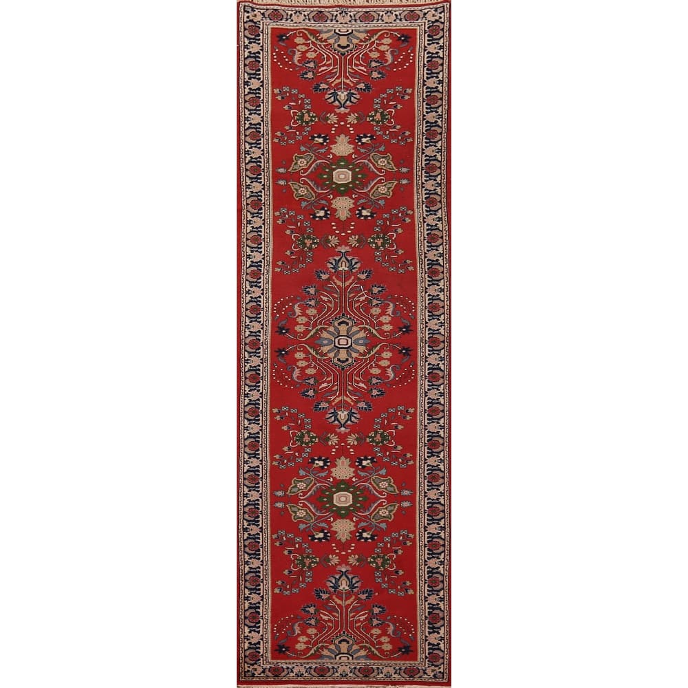 Floral Red Agra Indian Vintage Runner Rug Hand-Knotted Wool Carpet - 2'7"x 11'11"