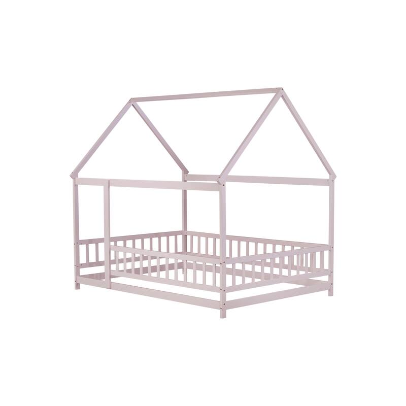 Full Size House Floor Wooden Bed with Roof Frame, Safety Guardrails