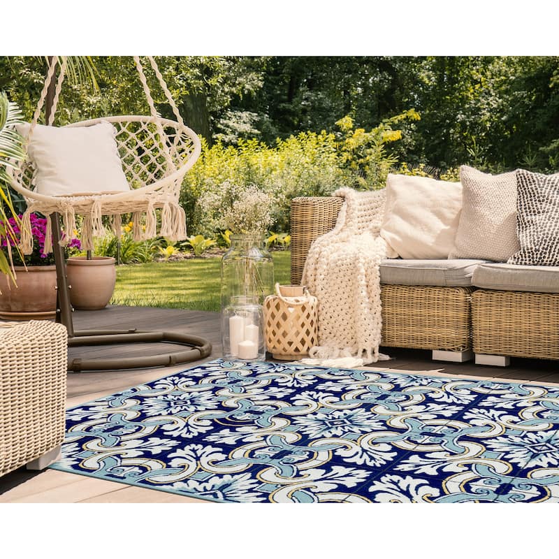 Liora Manne Ravella Floral Tile Indoor/Outdoor Rug Navy 7'6" x 9'6" - 7'6" x 9'6" - Navy