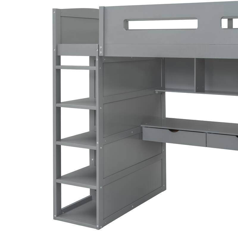 Loft Bed with Desk, Wardrobes, 4 Drawers and 4 Shelves