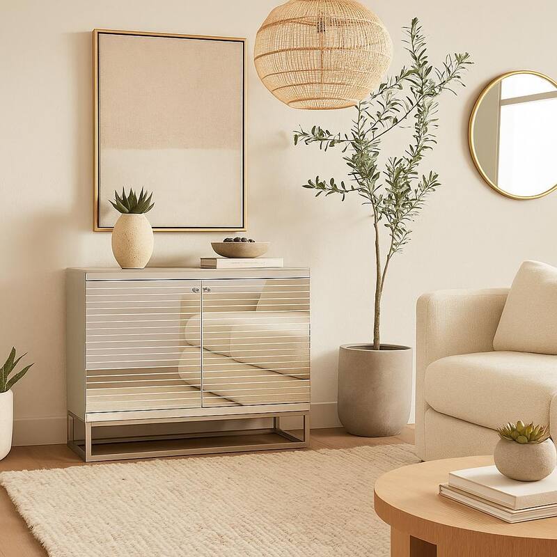 Glass 2 Door Cabinet with Linear Striped Panels and Gray Iron Base - Silver - Roche River Decor - 18"W x 47"L x 38"H