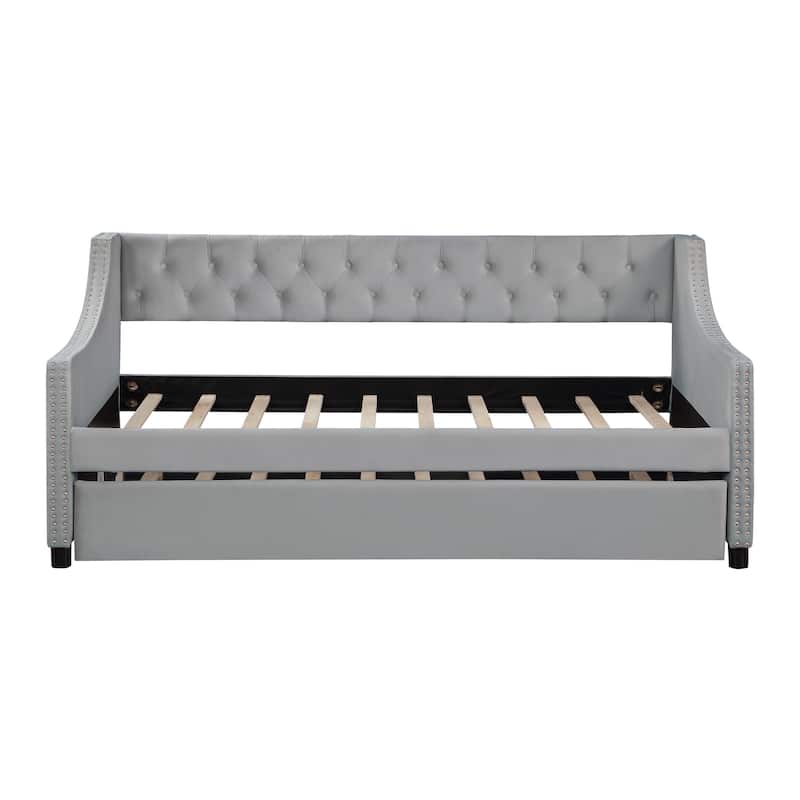 Light Gray Twin Size Modern Upholstered Tufted Daybed with Trundle - Light Gray