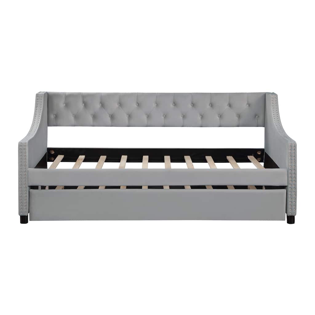 Light Gray Twin Size Upholstered Tufted Daybed with Trundle