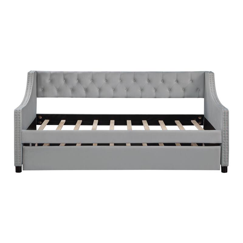 Twin Size Modern Upholstered Tufted Daybed with Trundle - Light Gray - Twin