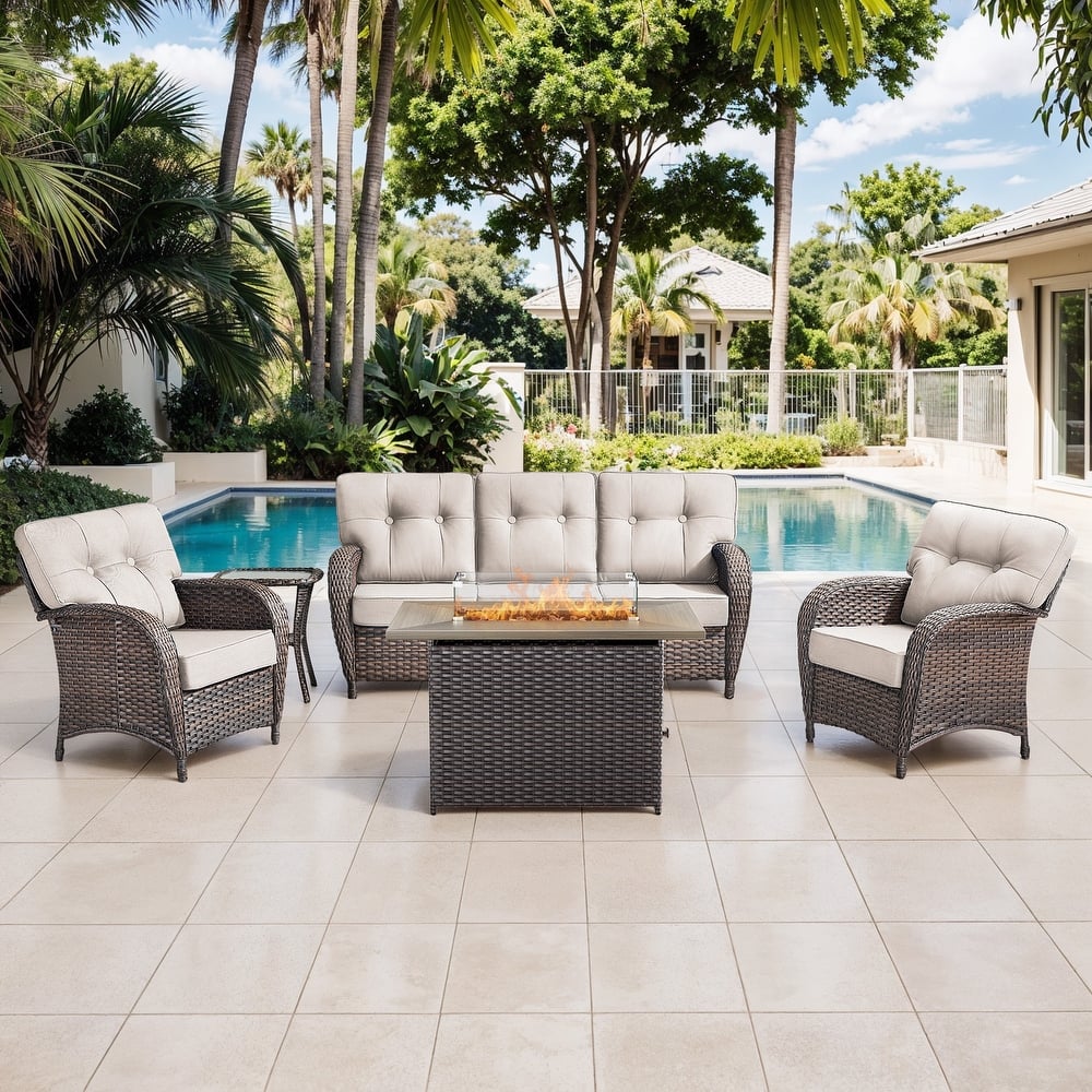 Gymojoy 5-Piece Outdoor Wicker Patio Furniture Sofa Set with 55,000 BTU Fire Pit Table, Thick Cushions