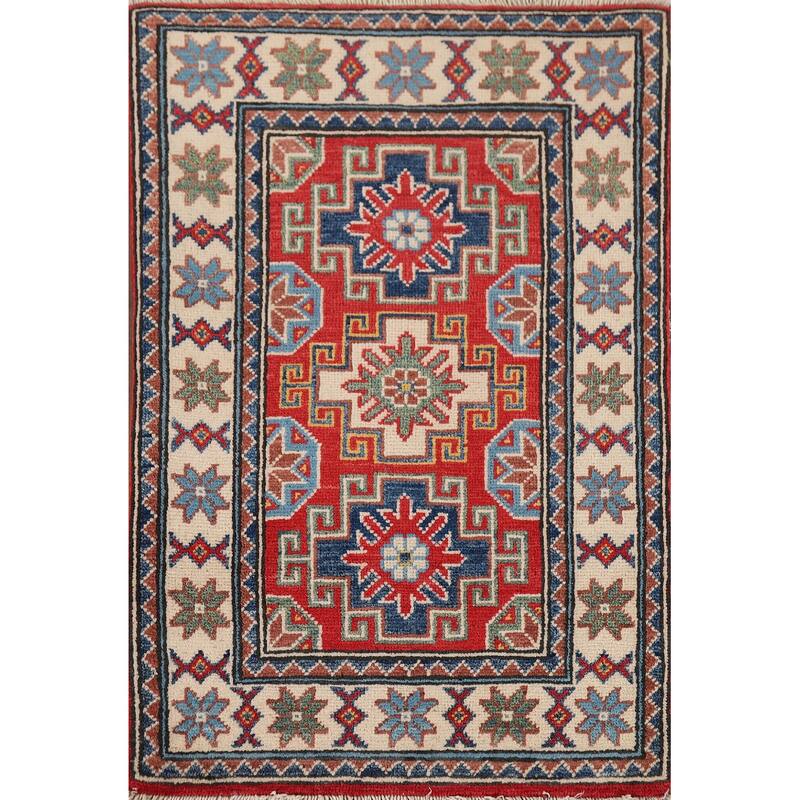 Hand Knotted Oriental 100% Wool Carpet Traditional Geometric Red Kazak Area Rug - 3' 0'' X 2' 0''