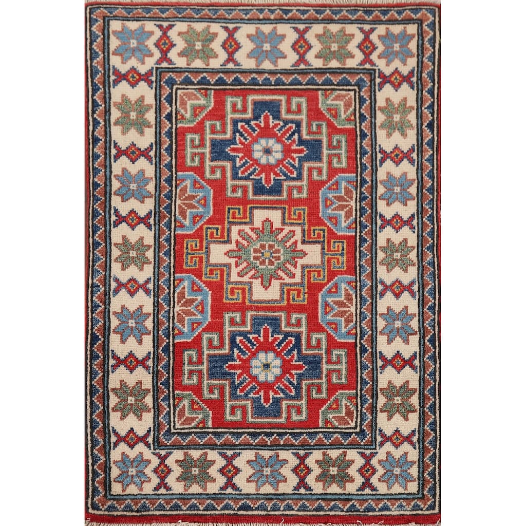 Hand Knotted Oriental 100% Wool Carpet Traditional Geometric Red Kazak Area Rug - 3' 0'' X 2' 0''