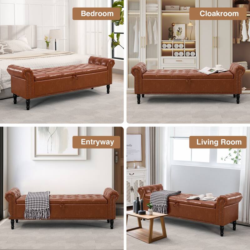 67" Velvet or PU Tufted Storage Bench for Bedroom End of Bed with Roll Arms