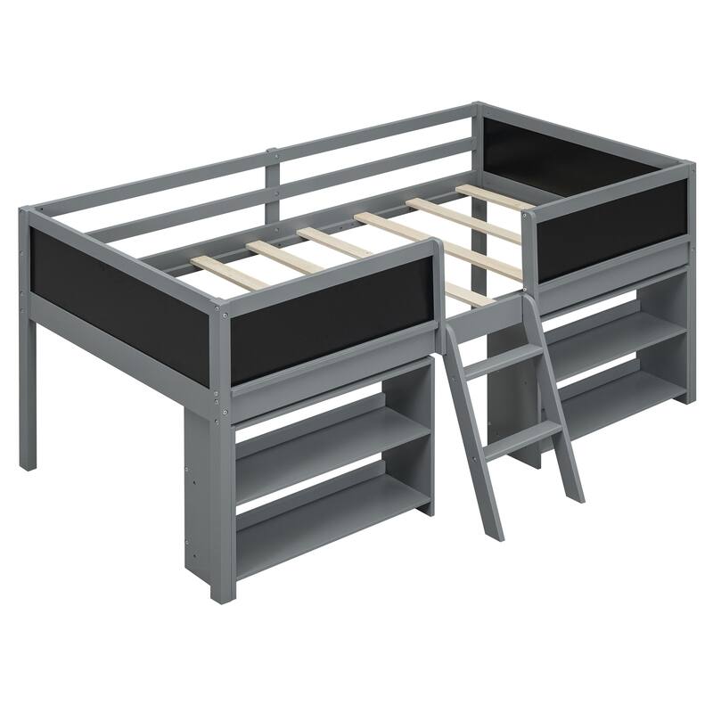 Twin Size Low Loft Bed with Movable Shelves, Ladder, and Chalkboard Guardrail, Gray