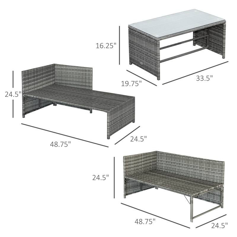 Outsunny 3-Piece Wicker Patio Furniture Sets, Rattan Conversation Sets, Sectional sofa set with Cushioned Lounge Chaise