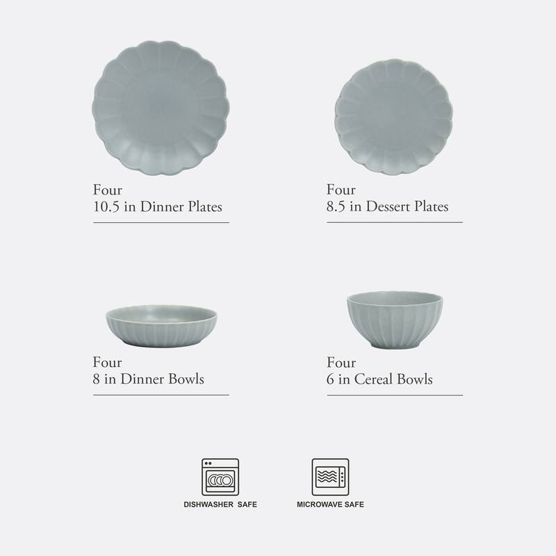 Gibson Elite Malibu Shore 16 Piece Scallop Stoneware Reactive Glaze (Service for 4) Ceramic Plates and Bowls Dinnerware Set