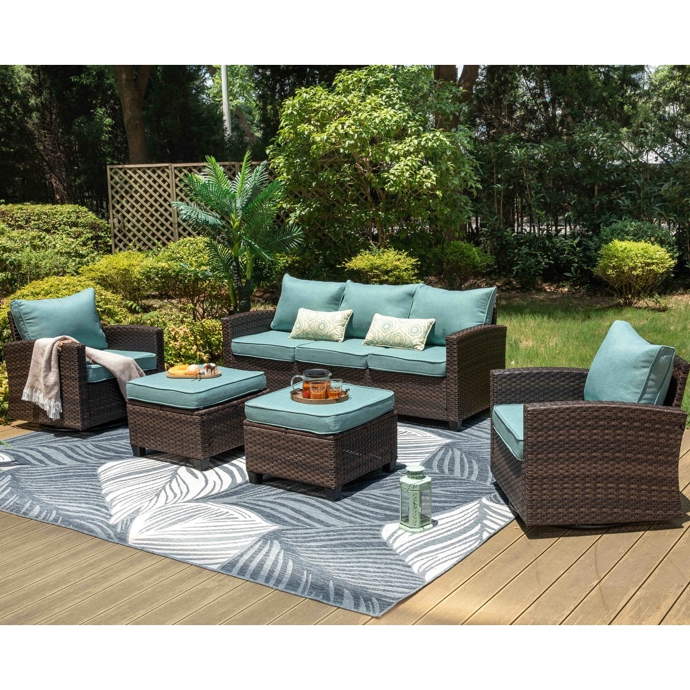 MAISON ARTS 7-Seat Patio Furniture Wicker Conversation Set with 2 x Swivel Glider Sofa Chairs, 3-seat Sofa and Ottoman