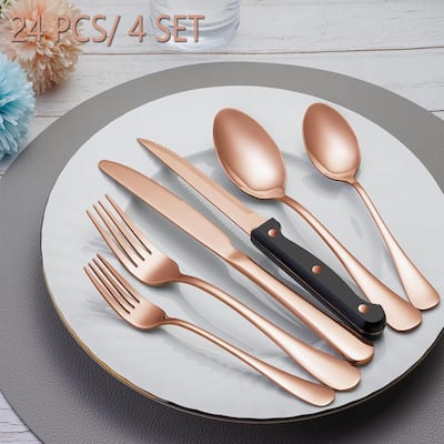 Rose Gold Silverware Set with Steak Knives, Dishwasher Safe