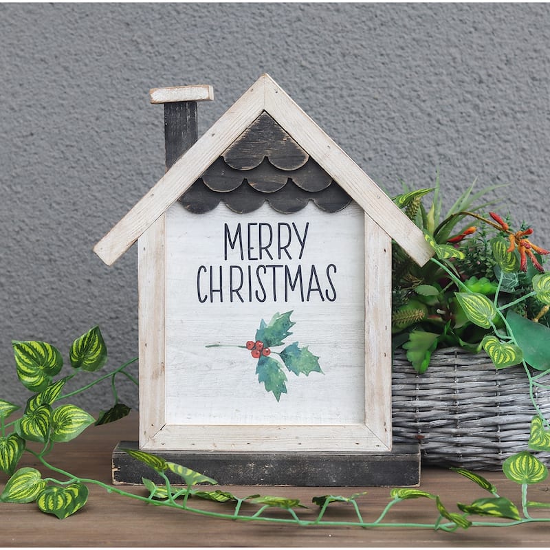 Wooden House Shaped Tabletop Decor with Merry Christmas Sign