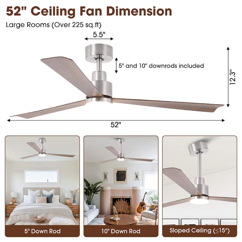 52" Brushed Nickel ABS 3-Blade Dimmable Ceiling Fan with Light and Remote