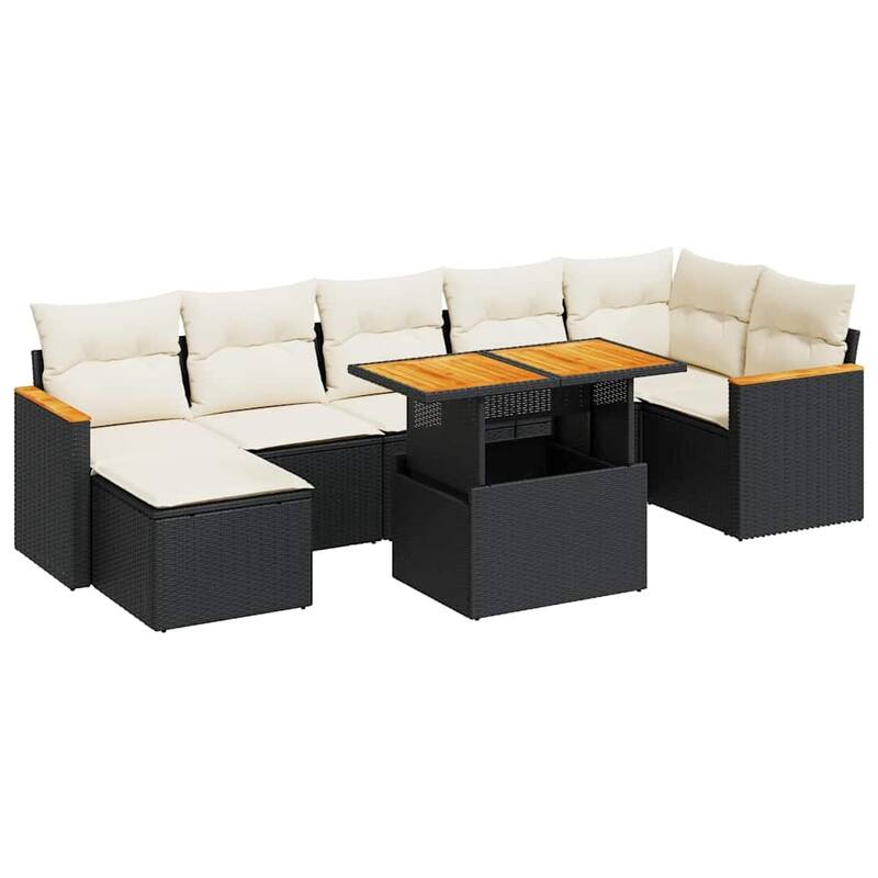 vidaXL Patio Sofa Set with Cushions Table and Stool 8 Piece Poly Rattan Acacia - 21.7 x 39.4 x 28.7 in