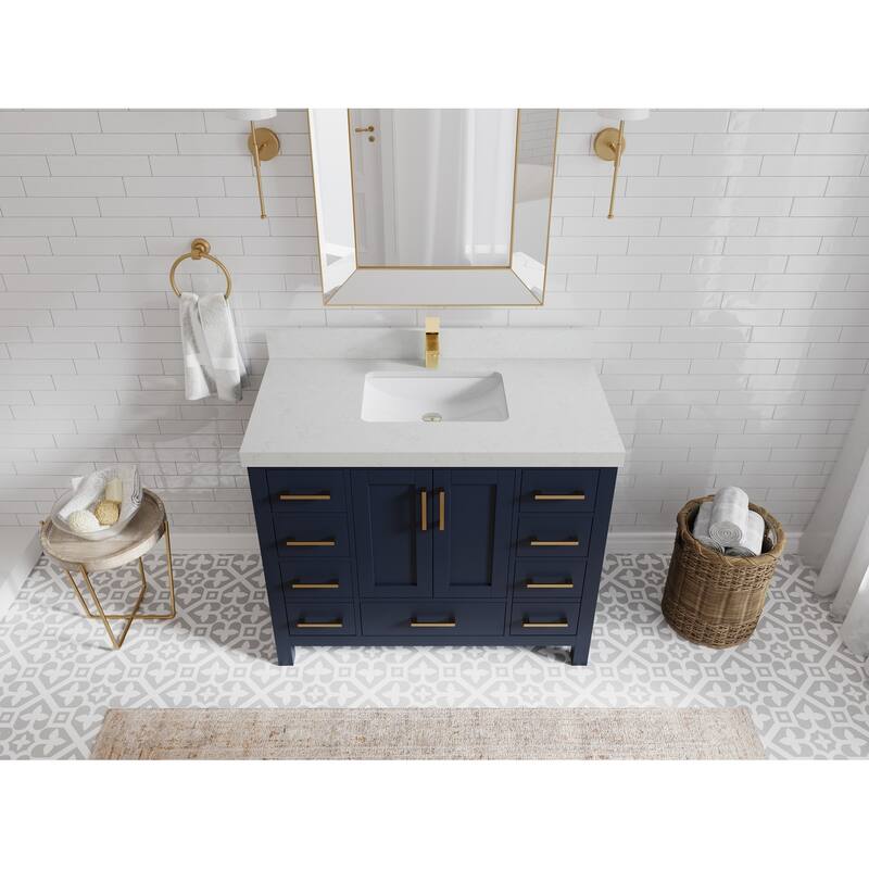 Willow Collections 42 in. W x 22 in. D Malibu Single Sink Bathroom Vanity with Countertop - 2" Carrara Quartz - Navy Blue