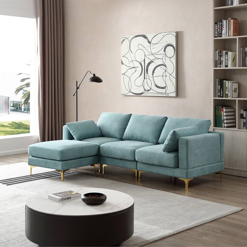 92'' Fabric L-Shape 3-Seater Sofa with Ottoman, Gold Metal Legs, and Toss Pillows