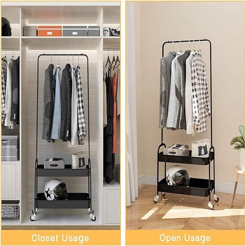Clothing Rack with 2 Tier Metal Basket, - 12.2"D x 20.6"W x 60.2"H