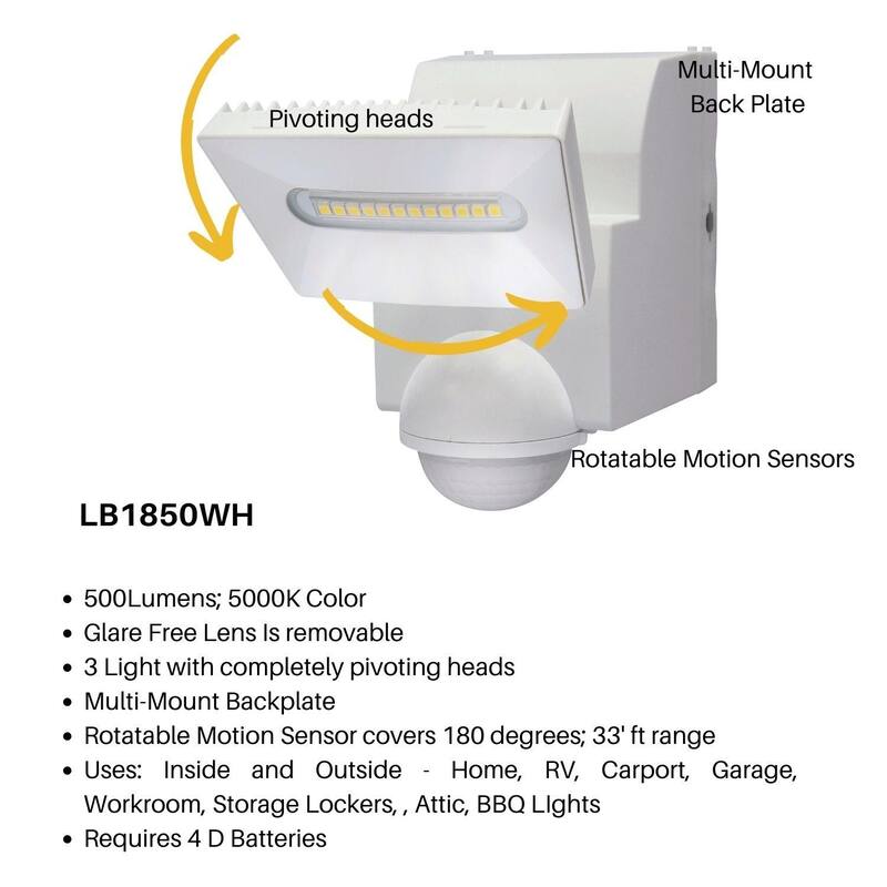 IQ America 500 Lumen Battery Operated LED Motion Security Flood Light, Wall Eave Mount