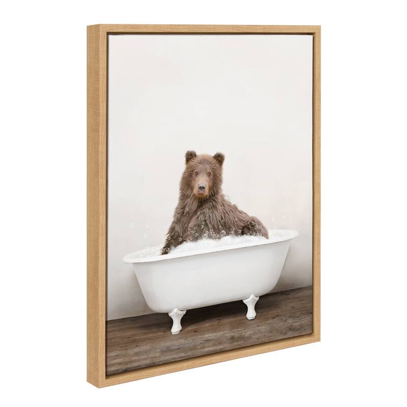 Kate and Laurel Bear Rustic Bubble Bath Framed Canvas by Amy Peterson - Natural - 18x24
