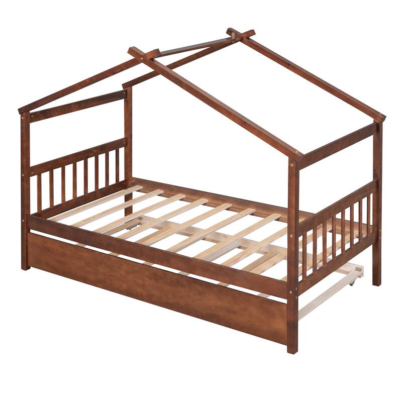 Twin/Full House Bed with Pull-Out Trundle, Solid Pine Wood Frame for Sleepovers