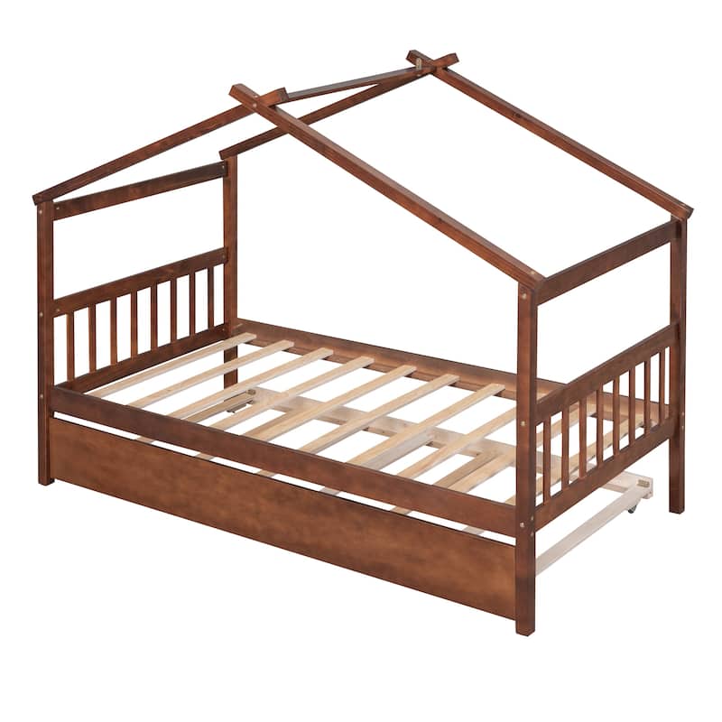 Wooden House Bed with Twin Size Trundle