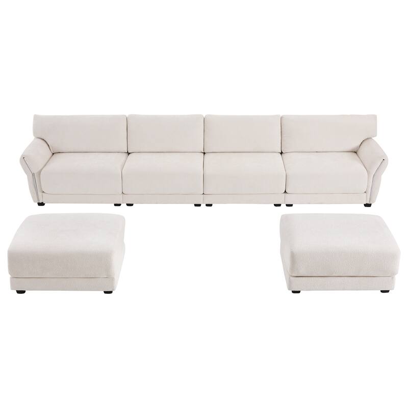 142" Chenille U-Shaped 6-Seater Sectional Sofa with USB/Type-C Charging, Petal Armrests and Free-Move Ottoman