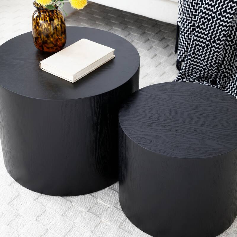 Wood Grain Coffee Table Set of 2 Round Nesting Side Table Lightweight End Table Modern Accent Table, No Assembly Required