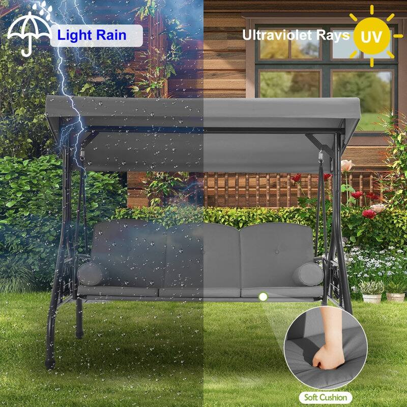 Outdoor 3-Seat Porch Swing with Adjustable Canopy & Cup Holder,Porch Swing Glider Chair, Heavy-Duty Steel Frame