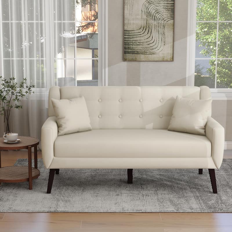 Tufted Linen/Cotton 2-Seater Sofa with Pillows - White