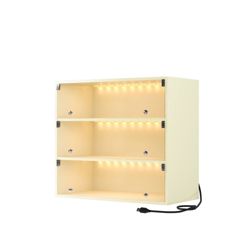 Freestanding 31.1in.W 3-Layer LED Light Shoe Box with Glass Doors - 3-Tire