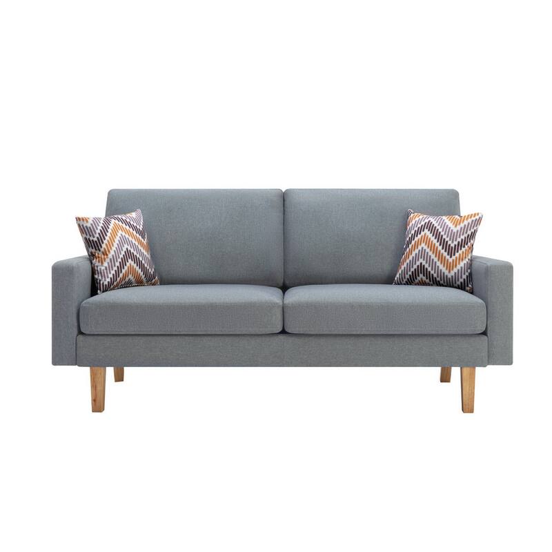 Gala 3 Piece Sofa and Chairs Set, Light Gray Fabric, 2 Pillows, Brown Wood