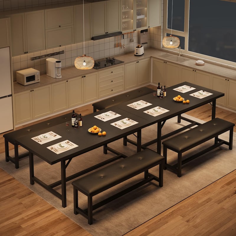 Dining Table Set for 4-6, 63" Extendable Wood Dining Room Table with Corner Protector & 2 Upholstered Benches