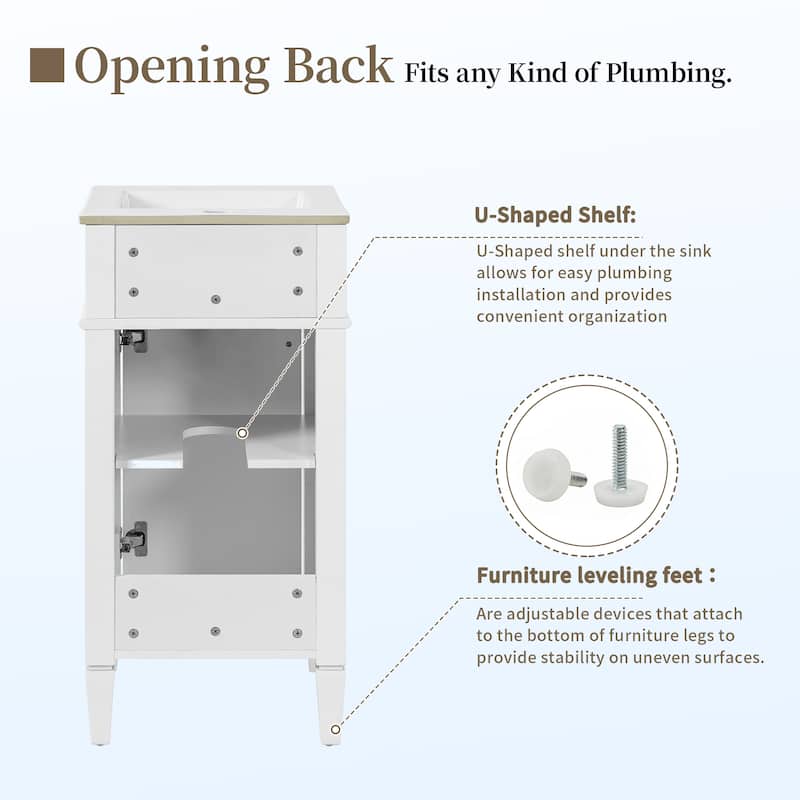 16-inch Freestanding Bathroom Vanity with Ceramic Sink - French Style Single Vanity with Soft-Closing Door & Solid Feet