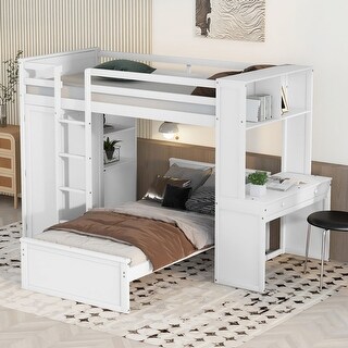 Twin Loft Bed wTwin Bed Frame, Wardrobe, Desk, Drawers, Shelf - White