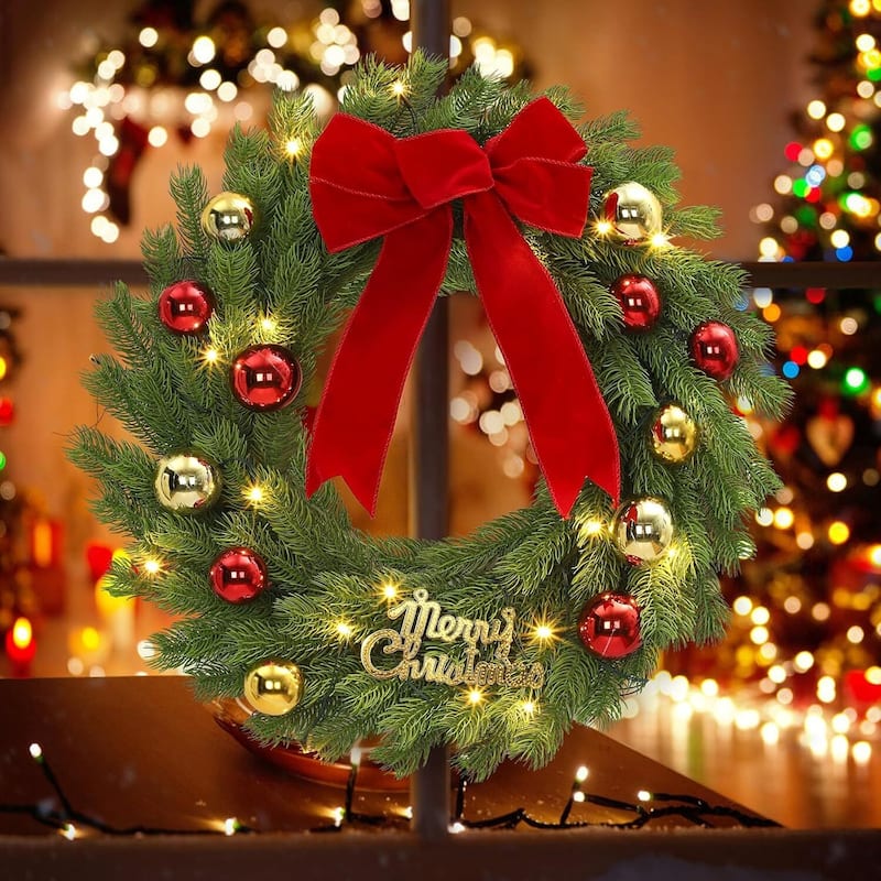 24 Inch Pre-Lit Front Door Wreath with Red Bow & Balls - N/A - Red