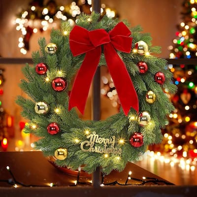 24 Inch Pre-Lit Front Door Wreath with Red Bow & Balls - N/A