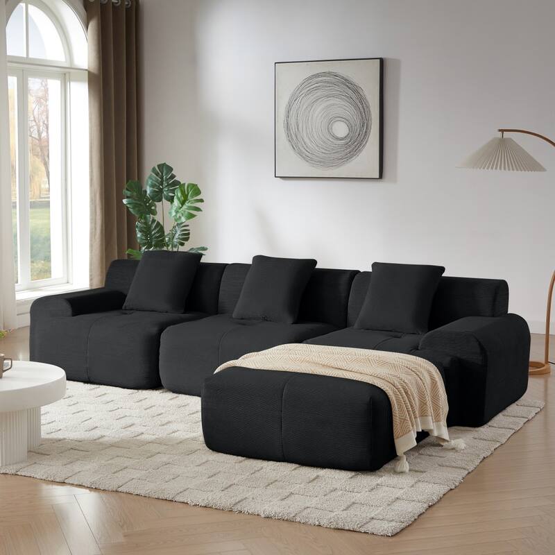 113" Modern L-Shaped Corduroy Modular Sectional Sofa with Movable Ottoman