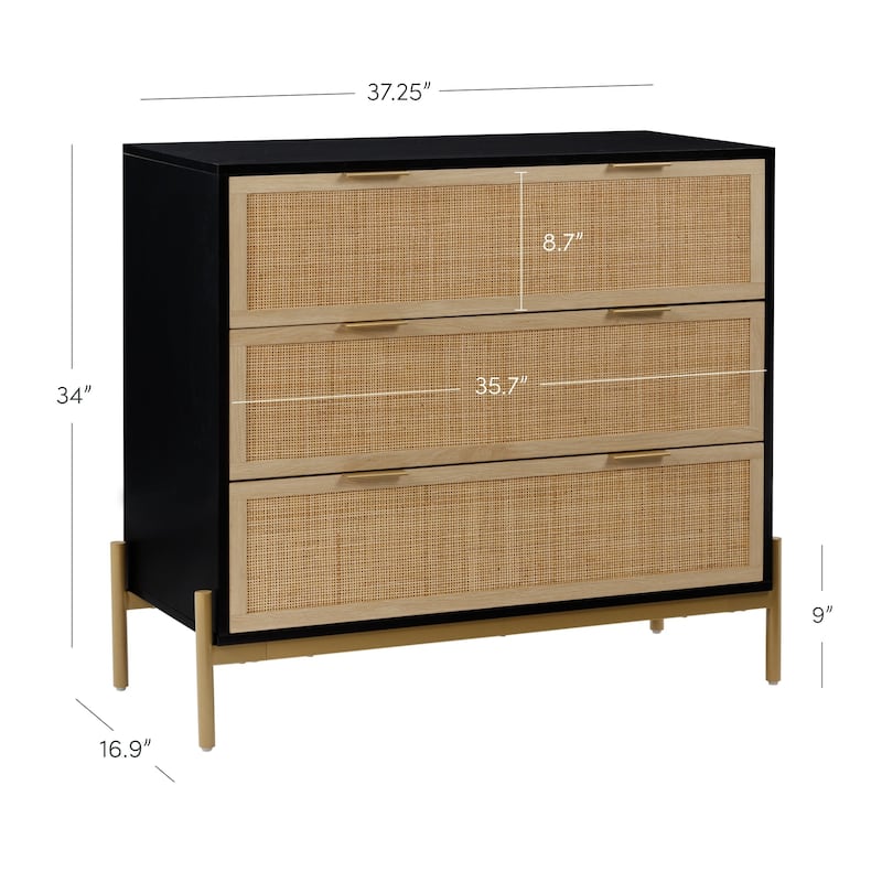 Andrew 3-Drawer Rattan Dresser or Bohemian Living Room Storage Cabinet with Natural Rattan Accent and Metal Legs