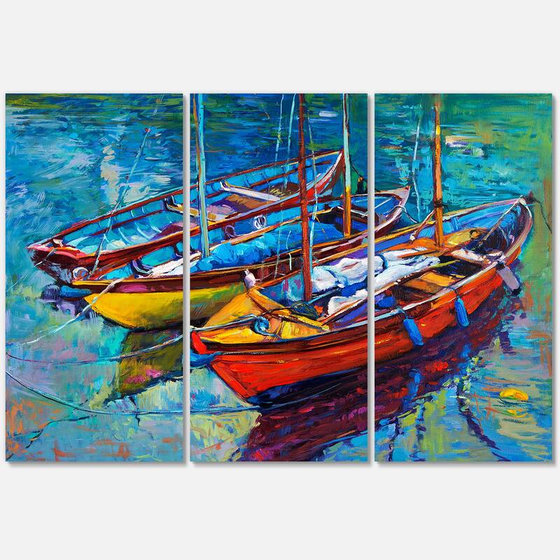 Designart "Three Boats In The Harbor" Nautical & Coastal Canvas Wall Art Print