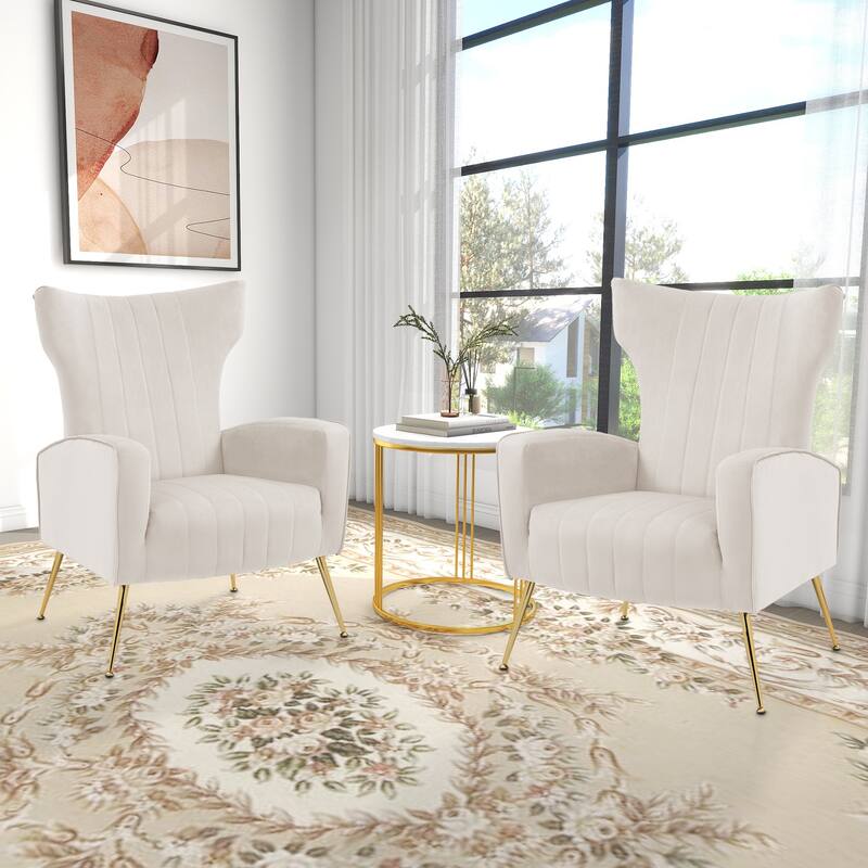 Mid-Century Velvet Wingback Accent Chair with Metal Legs - 2 Set White